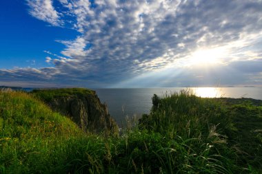 Cape Bruce Slavyanka, içinde Khasansky ilçe Primorsky Krai renkli şafakta. Cape Bruce - bu yüksek kayalıklarla, berrak denizi ve yeşil çim tepeler üzerinde