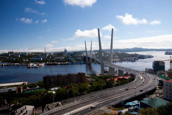 Altın Askılı köprü yol araç trafiği yukarıdan. Modern Vladivostok Rusya gece aydınlatma. Eski ve modern Merkez binaları.