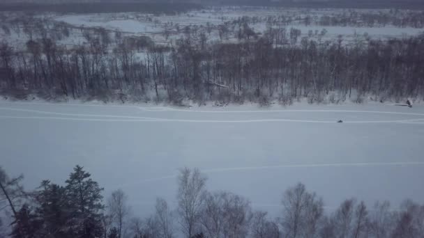 Udege Hunter Rides Snowmobile Frozen Bikin River Hunting — Stock Video