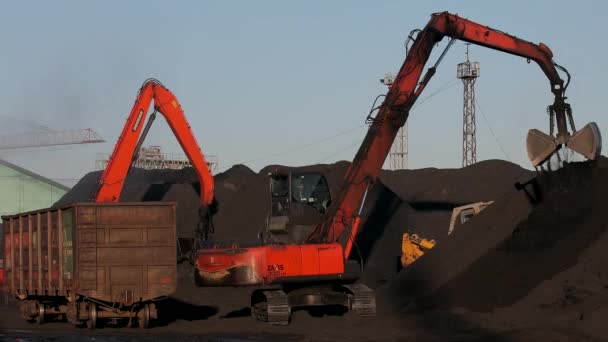 Place Coal Being Loaded Bulk Cargo Ship Big Cargo Cranes — Stock Video