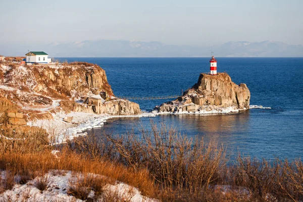 Vuurtoren Cape Basargin Golden Horn Bay Vladivostok Symbool Roesski Eiland — Stockfoto