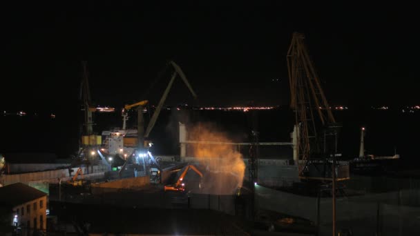 Kommerzieller Seehafen Umgeladene Kohle Auf Seeschiffe Bestäubt Das Gebiet Nachts — Stockvideo