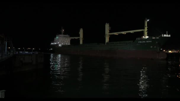 Night Mooring Cargo Ship Quay Coal Terminal Port Workers Install — Stock Video