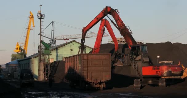 2018 Nakhodka Primorsky Krai Bulldozer Operates Seaport Rakes Coal Heaps — Stock Video