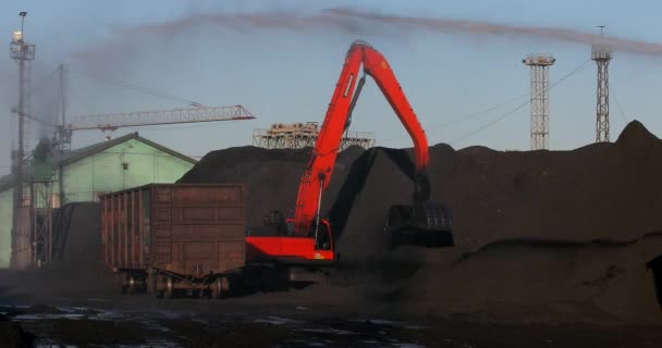 2018 Nachodka Primorsky Krai Opereert Bulldozer Zeehaven Harken Kolen Afvalbergen — Stockvideo