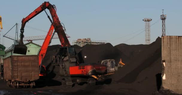 2018 Nakhodka Primorsky Krai Bulldozer Operates Seaport Rakes Coal Heaps — Stock Video