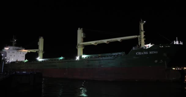 Night Mooring Cargo Ship Quay Coal Terminal Port Workers Install — Stock Video