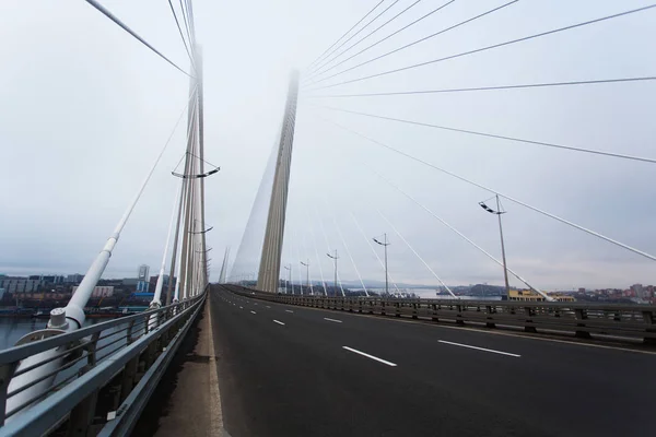 Tránsito Tranvía Puente Dorado Desde Arriba Moderna Vladivostok Rusia Iluminación — Foto de Stock