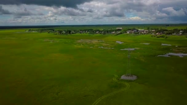 Flug Über Den Quadrocopter Über Eine Grüne Wiese Über Die — Stockvideo