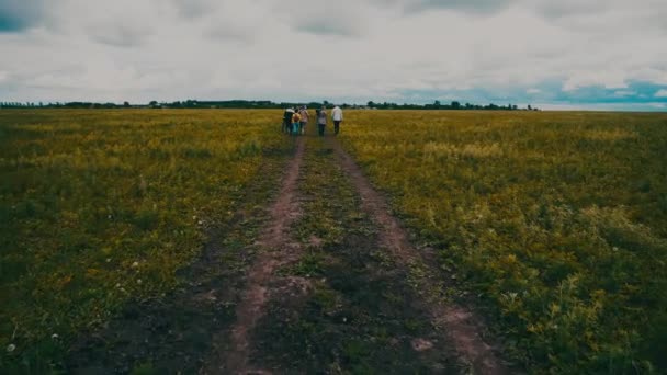 Groupe Personnes Promène Dans Champ Propre Spacieux Long Une Route — Video