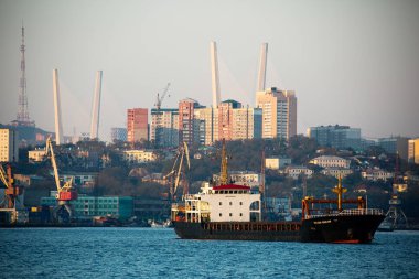 2013, Vladivostok - şehir Vladivostok Uzakdoğu'nun başkentinde deniz cephe. Deniz Ticaret bağlantı noktası ile gemi. Baskında sürüklenen gemi.