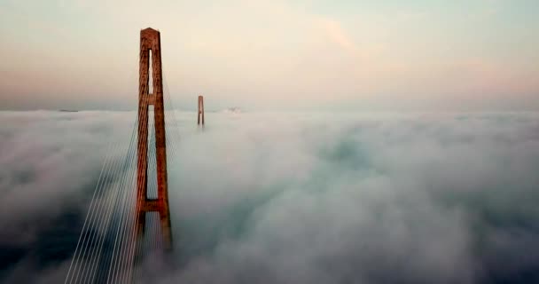 Volando Sopra Strada Tra Cavi Cavo Rimasto Ponte Russo Attraverso — Video Stock