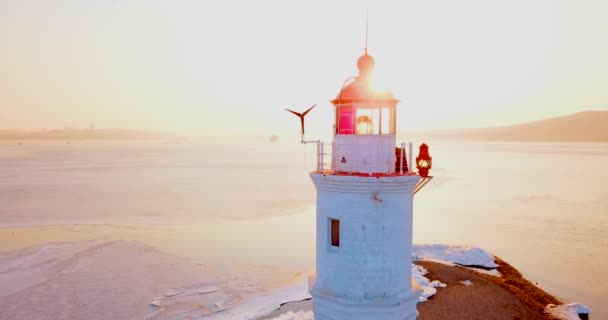 符拉迪沃斯托克的托卡列夫灯塔的顶部空中全景 灯塔位于金角湾的彼得湾 远东最古老的灯塔之一 — 图库视频影像