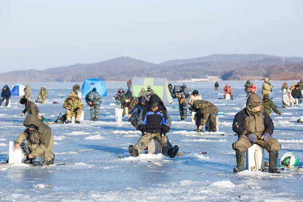 January 2013 Russian Island Vladivostok Men Sit Ice Fish Winter — Stock Photo, Image