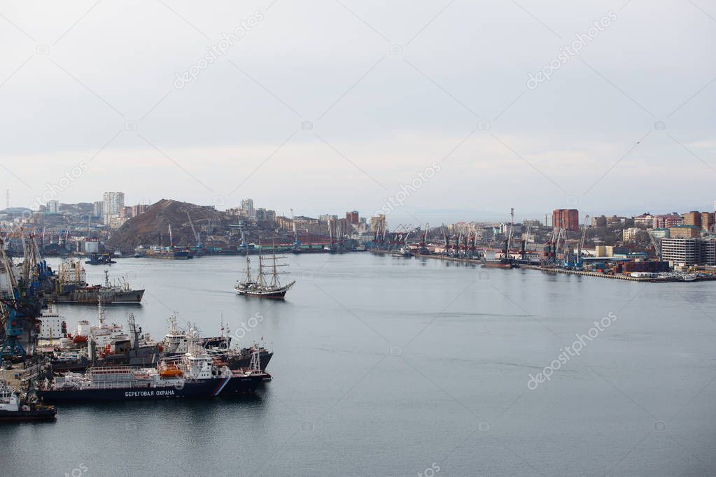 Training sailing vessel Pallada in the Golden Horn Bay in Vladivostok