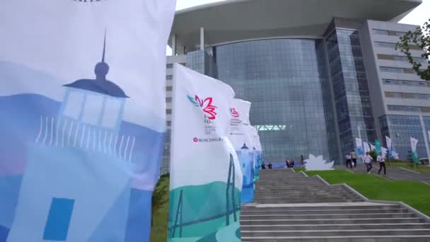 2018年9月 俄罗斯符拉迪沃斯托克 俄罗斯符拉迪沃斯托克岛东部经济论坛 东方经济论坛标志的水分在风中发展 — 图库视频影像