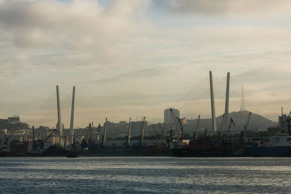 The sea trade port of Vladivostok on the background of the Golden Bridge across the Golden Horn Bay in the rays of the rising sun