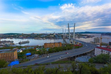 Altın Askılı köprü yol araç trafiği yukarıdan. Modern Vladivostok Rusya gece aydınlatma. Eski ve modern Merkez binaları.