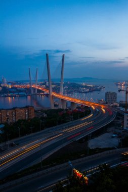 Altın Askılı köprü yol araç trafiği yukarıdan. Modern Vladivostok Rusya gece aydınlatma. Eski ve modern Merkez binaları.