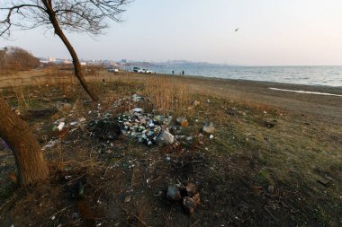 Deniz sahilinde çöp yığınları. Bölgenin kirlenmesi. Sahilde çöplük.