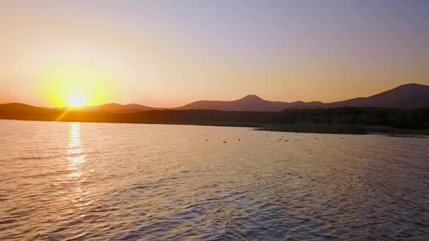 緑の森と背景の山々 に囲まれた美しい湖 Blagodatnoye の上飛んでいます ロシアで 1935 年に設立された絶滅危惧種のアムールトラのシホテ アリン自然保護区 — ストック動画