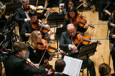 Eylül, 2014 - Vladivostok, Primorsky Territory - Senfoni Orkestrası Mariinsky Tiyatrosu şubesinin Küçük Sahnesi'nde klasik parçalar sergiliyor