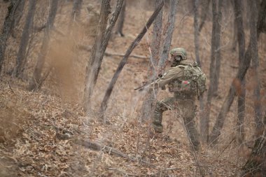 Kasım, 2014 - Rusya - Ormanda aktif askeri tatbikatlar. Sonbahar ormanında çatışma ordusu. Rusya'da eğitim airsoft takımları.