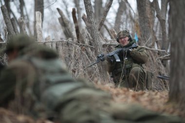 Kasım, 2014 - Rusya - Ormanda aktif askeri tatbikatlar. Sonbahar ormanında çatışma ordusu. Rusya'da eğitim airsoft takımları.