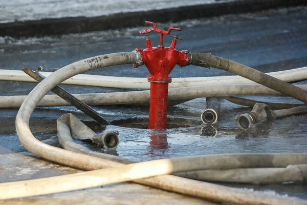 Fire Hydrant Hoses Floats Ground Fire Extinguishing — Stock Photo, Image