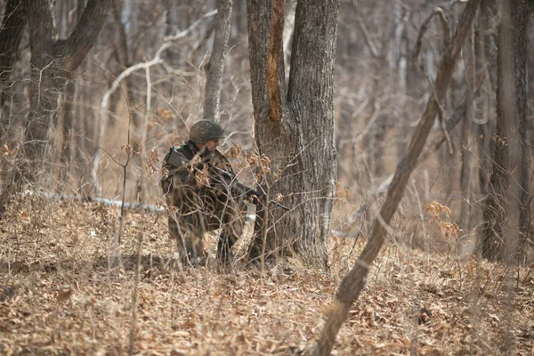 Kasım, 2014 - Rusya - Ormanda aktif askeri tatbikatlar. Sonbahar ormanında çatışma ordusu. Rusya'da eğitim airsoft takımları.