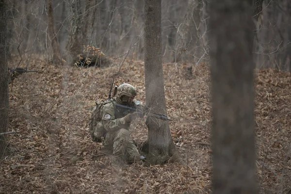 Kasım, 2014 - Rusya - Ormanda aktif askeri tatbikatlar. Sonbahar ormanında çatışma ordusu. Rusya'da eğitim airsoft takımları.