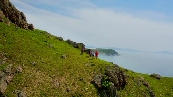 上からの眺め 青い海の反対側の広々としたフィールドで緑の丘の上を歩く観光客のグループ 丘や畑を歩く — ストック動画