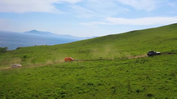 Vue Haut Les Voitures Expéditionnaires Traversent Des Champs Sans Fin — Video