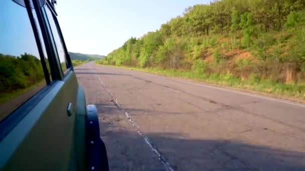 横窓から動く車を撃つ 森林と畑の間のアスファルト道路上の観光車 — ストック動画
