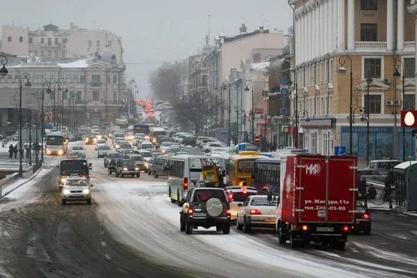 Winter 2014 Vladivostok Primorsky Krai Highways Mountain Vladivostok Snowfall Road — Stock Photo, Image