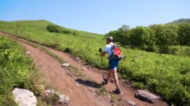 2019 yazında, Primorsky Krai, Rusya 'da yürüyüş direkleri olan genç bir erkek turist yeşil bir alanda toprak bir yolda yürüyor..