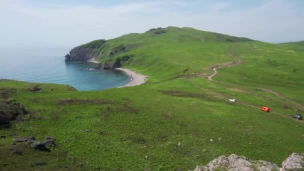 Beautiful Landscape Panoramic Video Green Meadows Turquoise Sea Russian Open — Stock Video