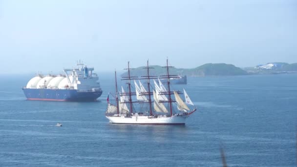 Summer 2020 Vladivostok Russia Sedov Training Sailing Ship Held Backdrop — Stock Video