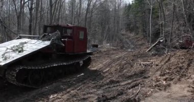 Yakın plan. Yaşlı bir traktör çamurlu bir orman yolunda ağaç kesmek için çalılıklara doğru gidiyor.