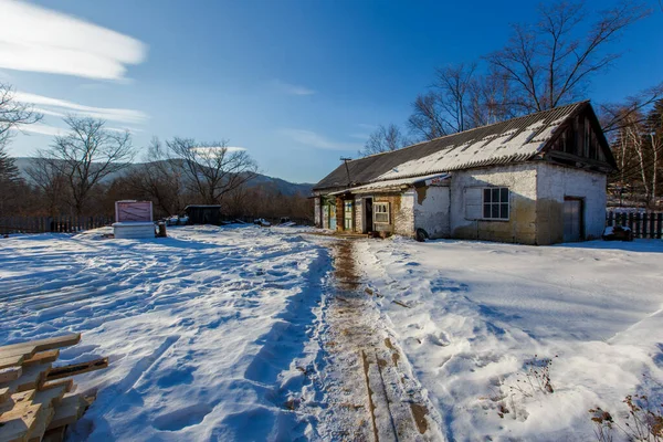 Russian village. Russian wooden house in a village in a snowy winter