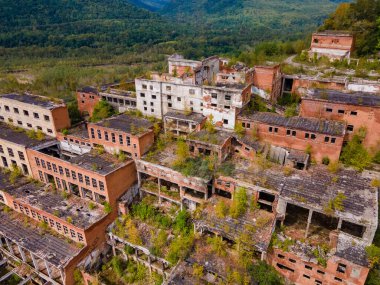 Yukarıdan bak. Kavalerovo köyündeki teneke madencilik fabrikasının yıkılmış ve terk edilmiş binaları. Khrustalnensky maden ve işleme tesisi