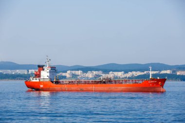 2016 Yazı - Vladivostok, Rusya - Vladivostok 'taki Golden Horn Körfezi' nde bir ticaret gemisi yol kenarında duruyor