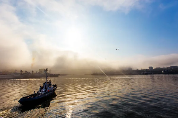 A Coast Guard boat goes at high speed through the water area of Vladivostok — Stock Photo, Image