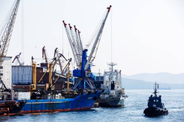 2016 yazı - Vladivostok, Rusya - Vladivostok Deniz Limanı. Ticari bardak altlıkları Vladivostok ticari limanında yükleniyor..