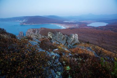 Sikhote-Alin Biosphere Reserve in the Primorsky Territory. Panoramic view of the sandy beach of the Goluchnaya bay and the lake. clipart