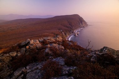 Primorsky bölgesinde Sikhote-Alin Biyosfer rezervi. Doğanın kayalık kıyı şeridinin panoramik görüntüsü Pembe gün doğumu sırasında rezerv