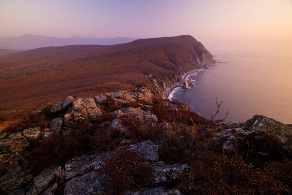 Сихотэ-Алинский биосферный заповедник в Приморском крае. Вид на скалистое побережье заповедника во время восхода розового солнца