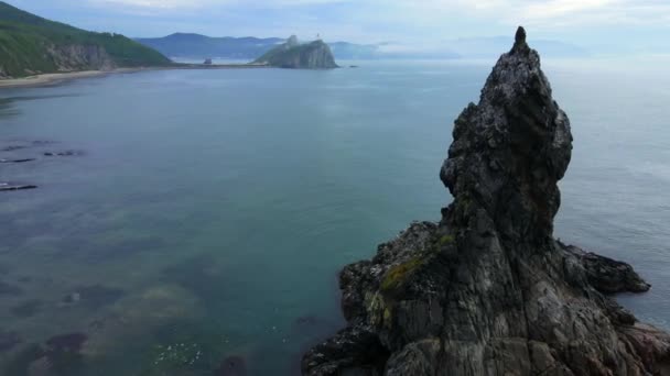 Vista desde arriba. Gran kekura Dos hermanos en medio del mar sobre el telón de fondo de verdes montañas. — Vídeos de Stock