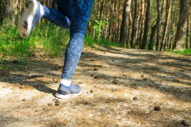 Sabah tropikal orman iz üzerinde çalışan genç fitness kadın runner bacaklar. Kopya alanı.