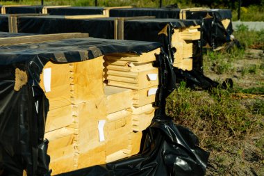 Paletler profilli polietilen uzmanlık bir ahşap ev yapımı için Paketli. Kopyala Yapıştır